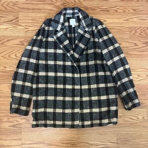Joie Black and Cream Plaid Peacoat
